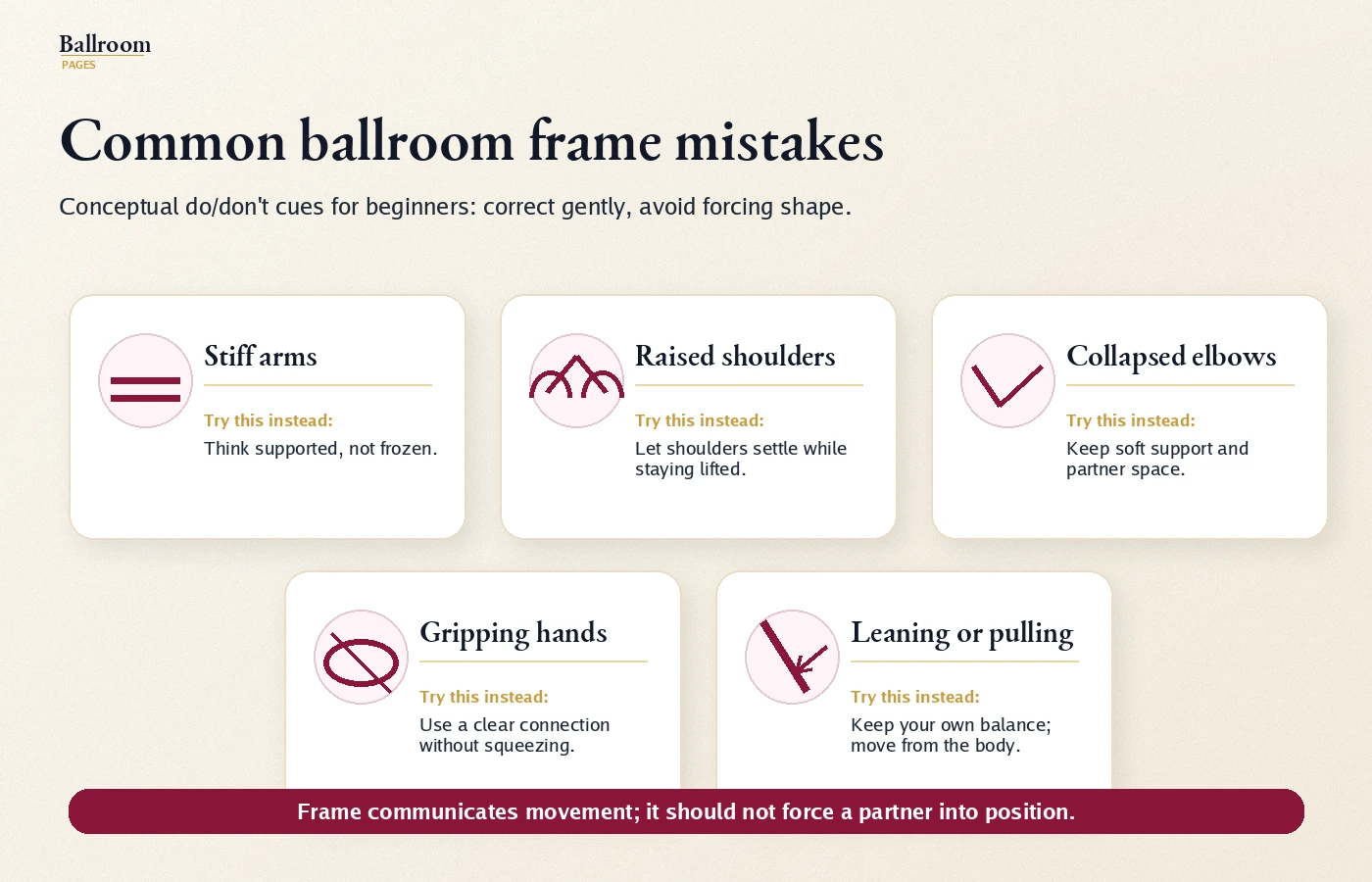 Common ballroom dance frame mistakes including stiff arms, raised shoulders, collapsed elbows, and gripping.