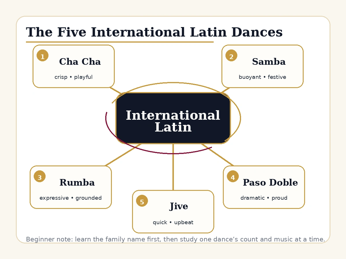 Diagram showing International Latin connected to Cha Cha, Samba, Rumba, Paso Doble, and Jive.