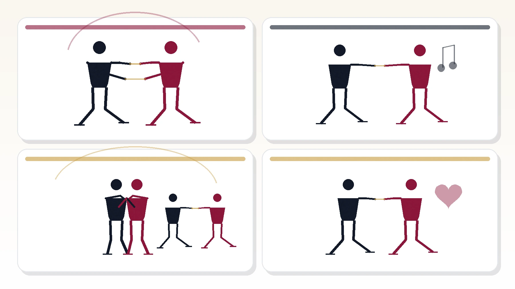 Visual showing how open position can vary across ballroom, Latin, social, and wedding dance styles