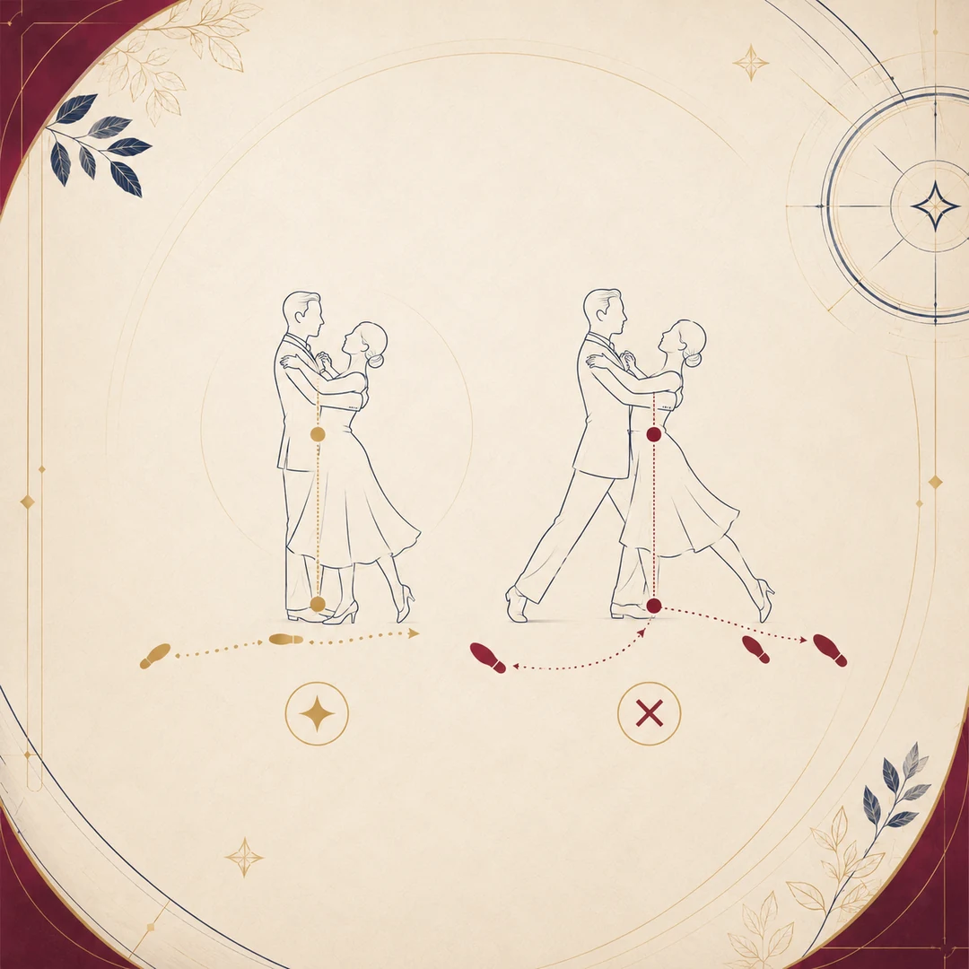 Illustration reminding dancers to keep rock steps small and balanced.
