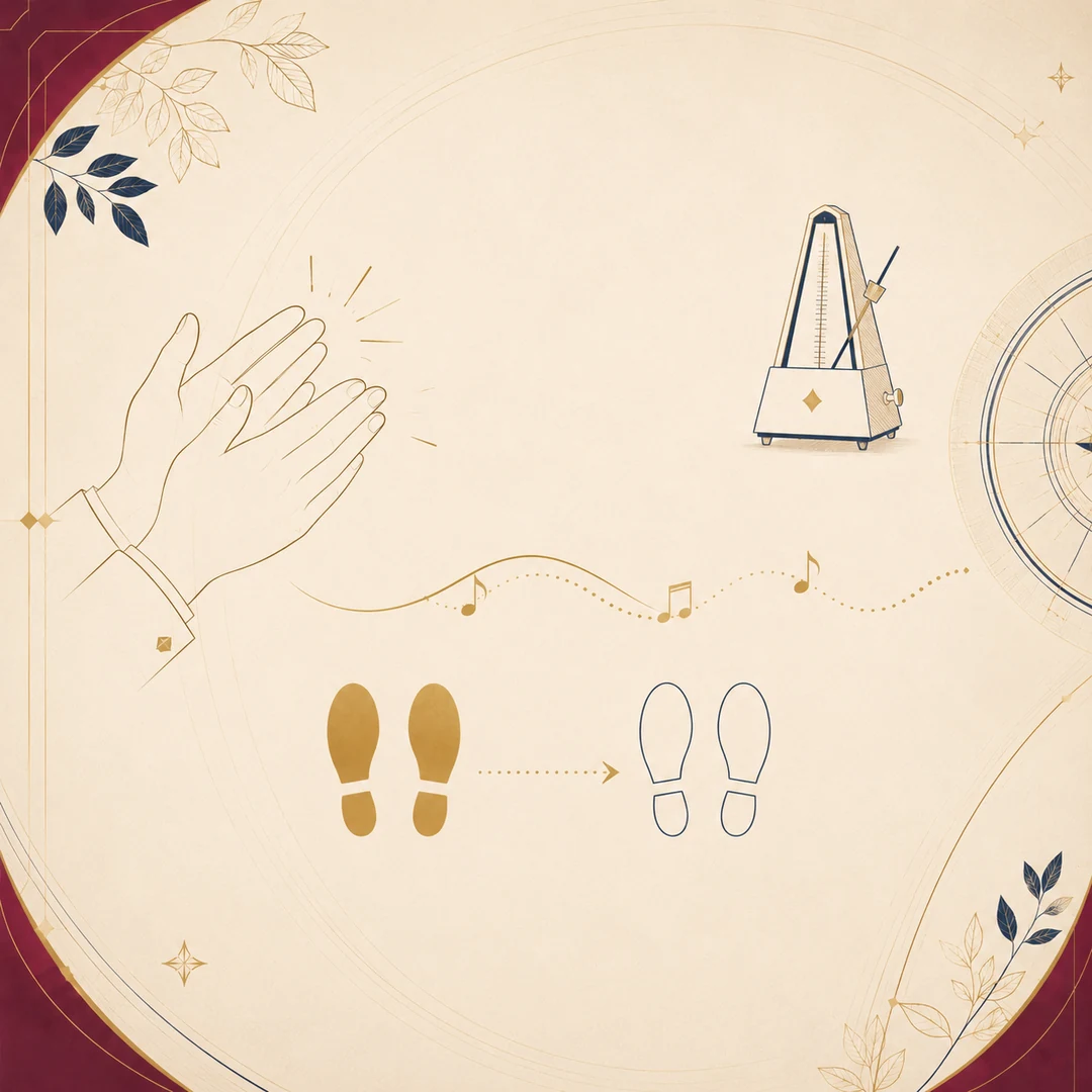 Practice card showing rock and recover rhythm with clapping, metronome, and weight-transfer marks.