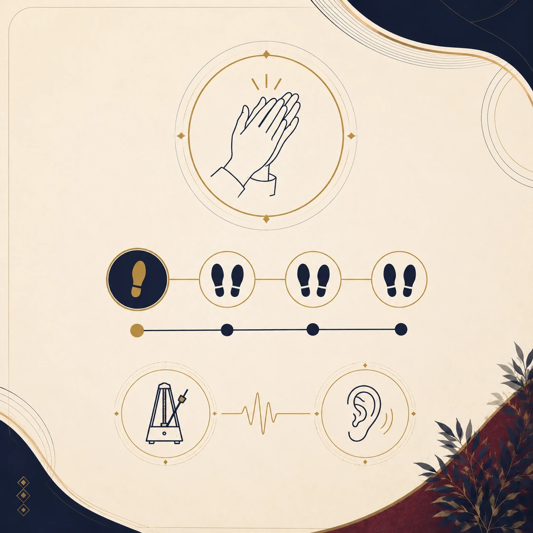 Practice card showing clapping and walking exercises for Slow Quick Quick timing.
