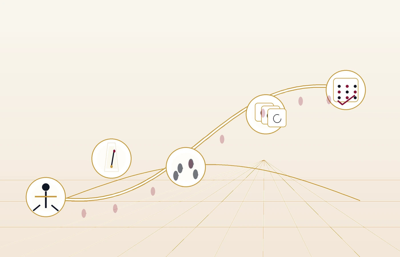 Illustration of a beginner ballroom dance learning path from posture to timing and practice.