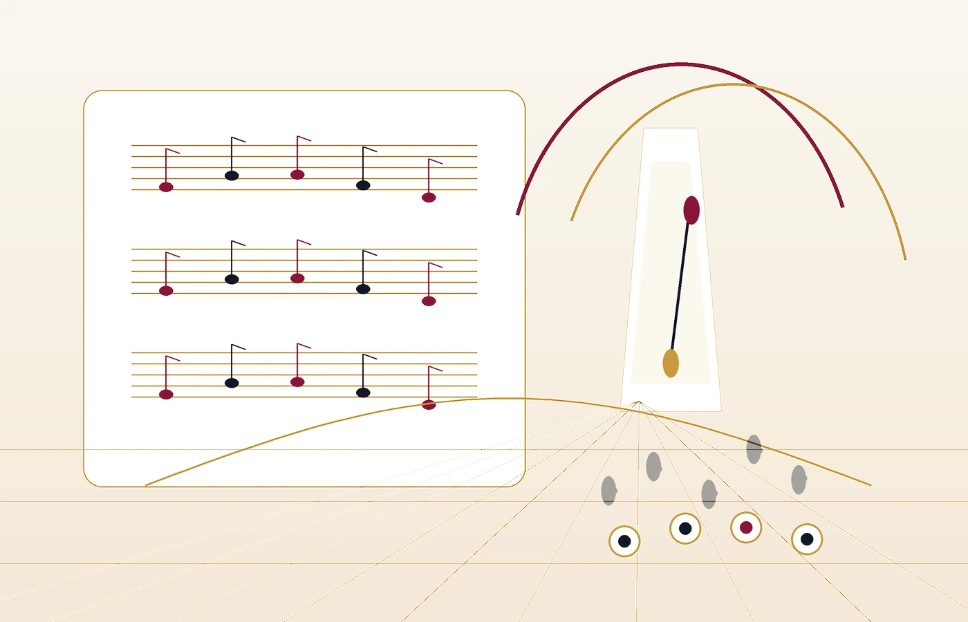 Ballroom dance music and timing visual with metronome, music notes, and dance floor lines.