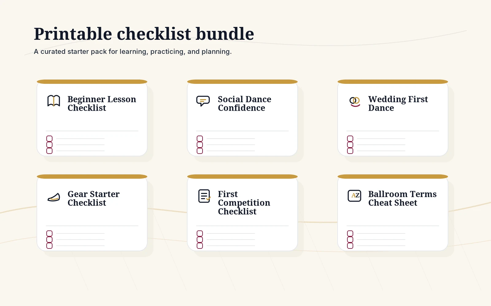 Preview of a ballroom checklist bundle with beginner, timing, practice, terms, and social dance resources.