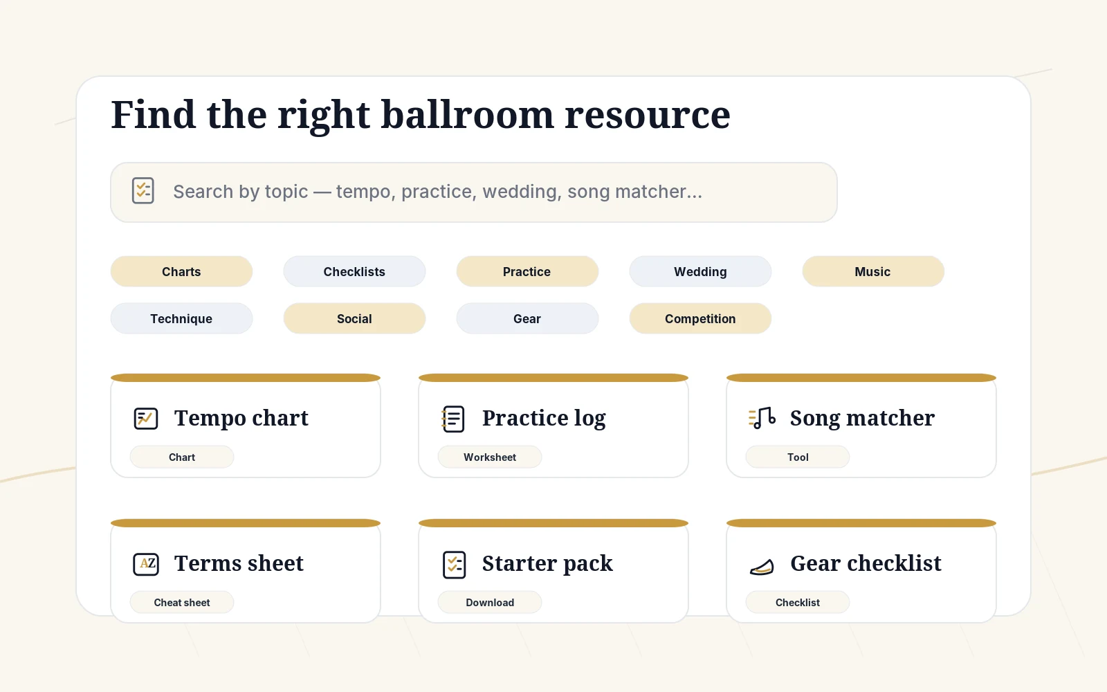 Conceptual search and category visual for a ballroom dance resource library.