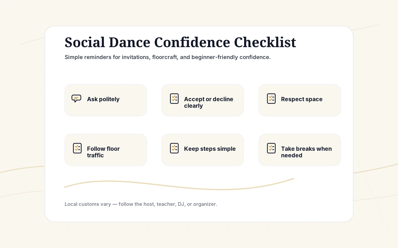 Preview of a social dance confidence checklist for invitations, refusals, floorcraft, and what to bring.