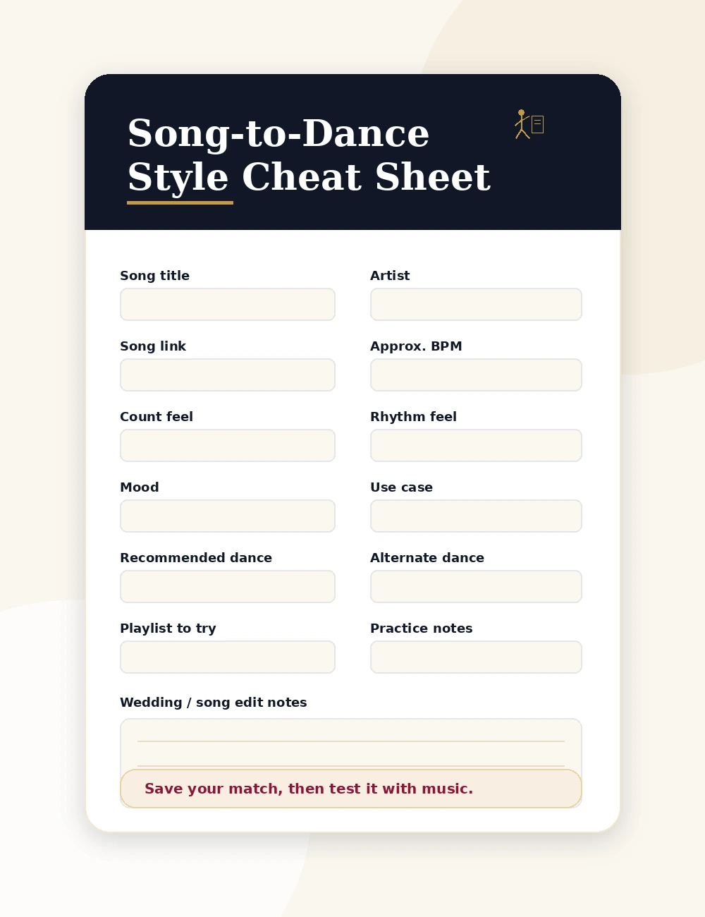 Song-to-Dance Style Cheat Sheet worksheet cover from Ballroom Pages.