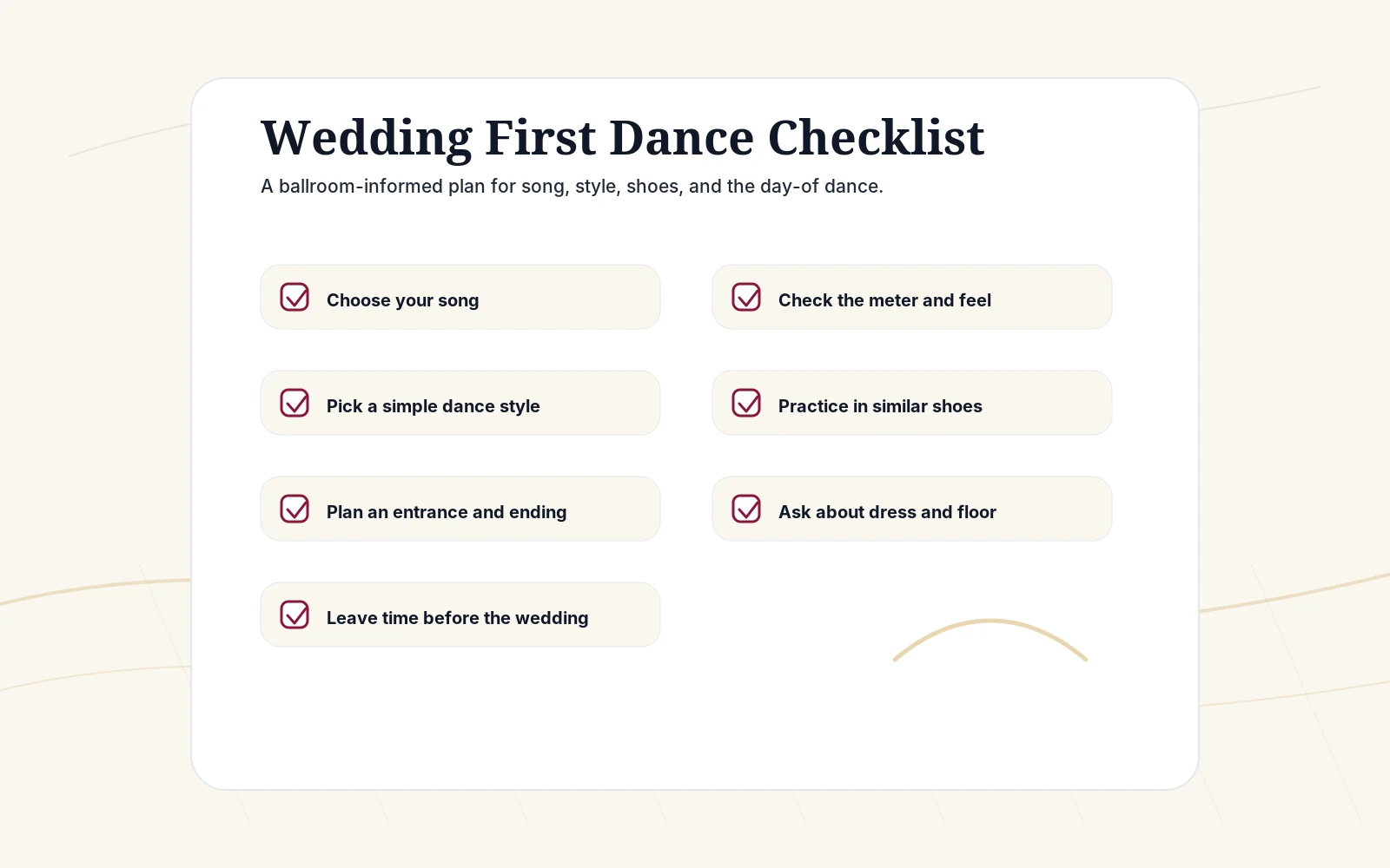 Preview of a wedding first dance checklist with song, style, lesson timeline, outfit, shoes, and music edit fields.