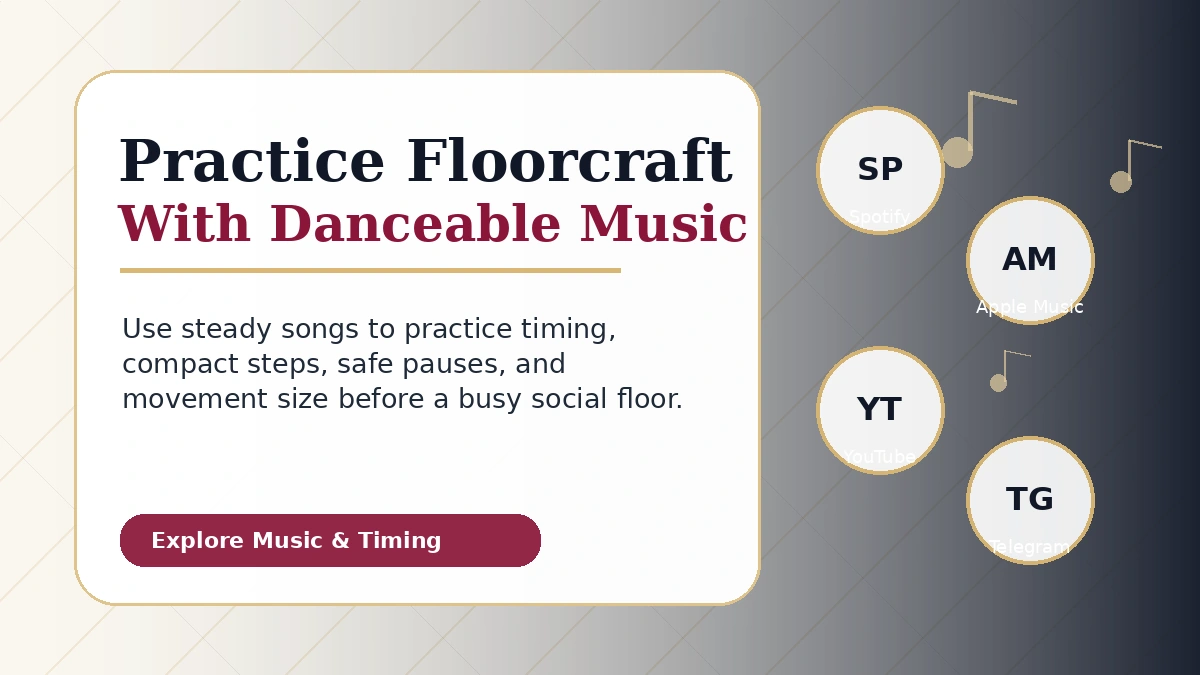 Ballroom Pages music playlist card with a subtle dance floor pattern and icons for Spotify, Apple, YouTube, and Telegram.
