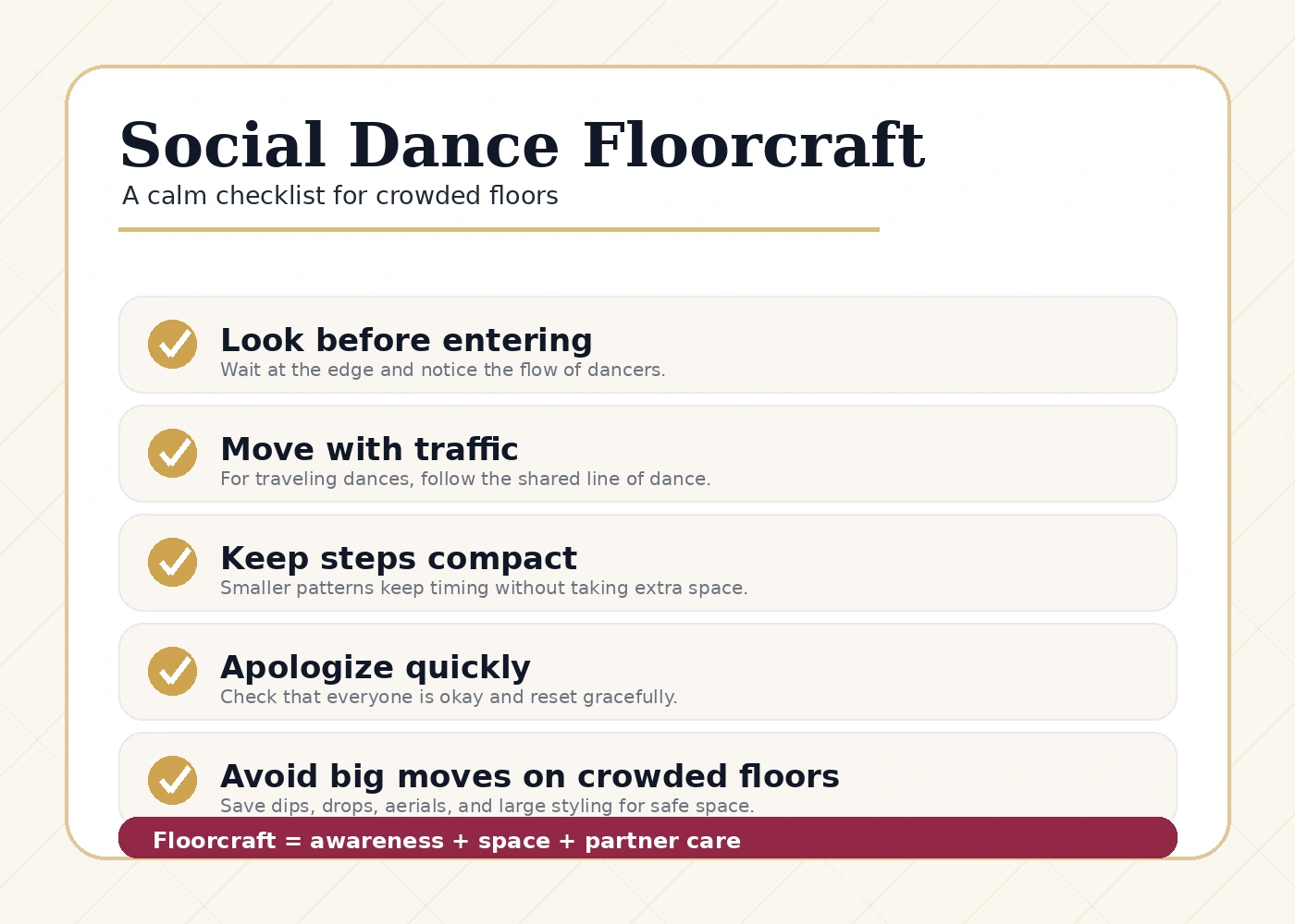 Checklist of floorcraft reminders: look before entering, move with traffic, keep steps compact, apologize quickly, and avoid big moves on crowded floors.