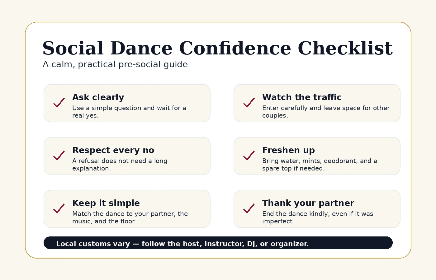 Social dance confidence checklist showing six reminders: ask clearly, respect every no, keep it simple, watch traffic, freshen up, and thank your partner.