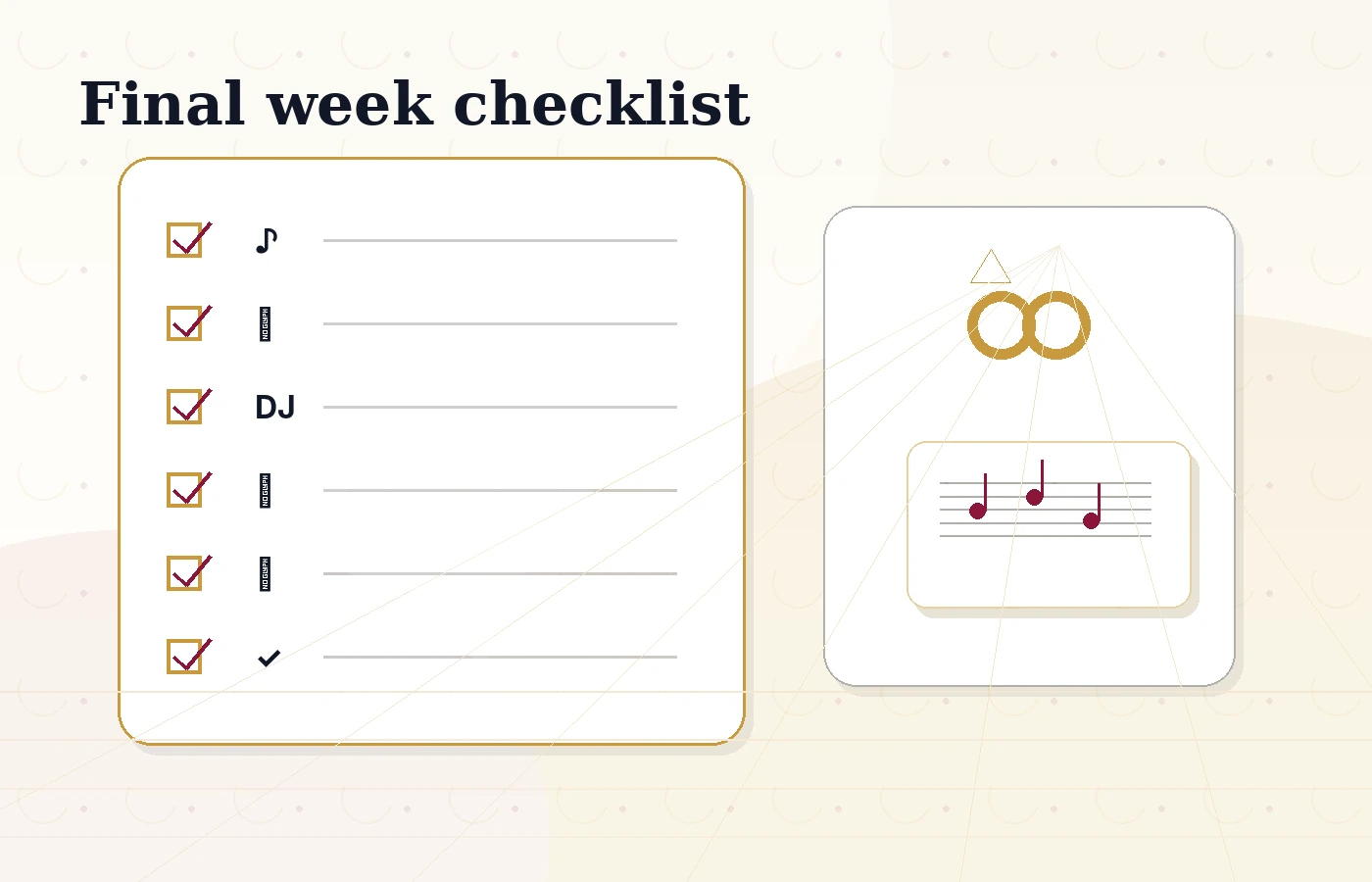 Final week wedding dance checklist visual with song, shoes, floor, and practice reminders.