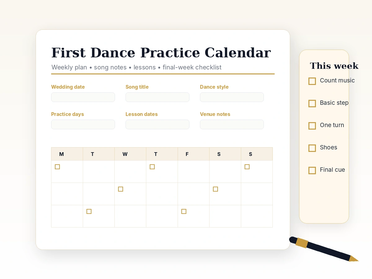 Weekly first dance practice calendar with song, lesson, shoe, and final-week checklist sections