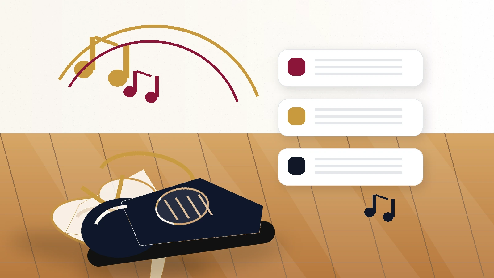 Ballroom Pages playlist card concept with dance shoes and music notes on a warm editorial background.