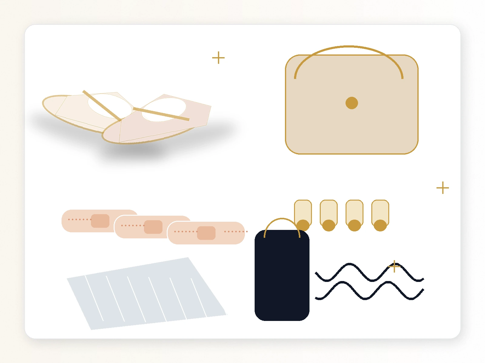 Wedding day shoe emergency kit with backup flats, heel protectors, bandages, cloth, and shoe bag.
